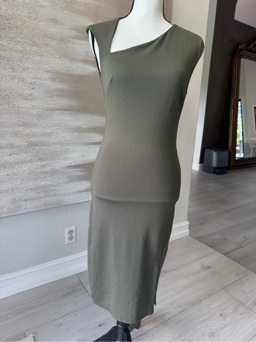 bebe Olive Green Asymmetrical Neck Midi Dress